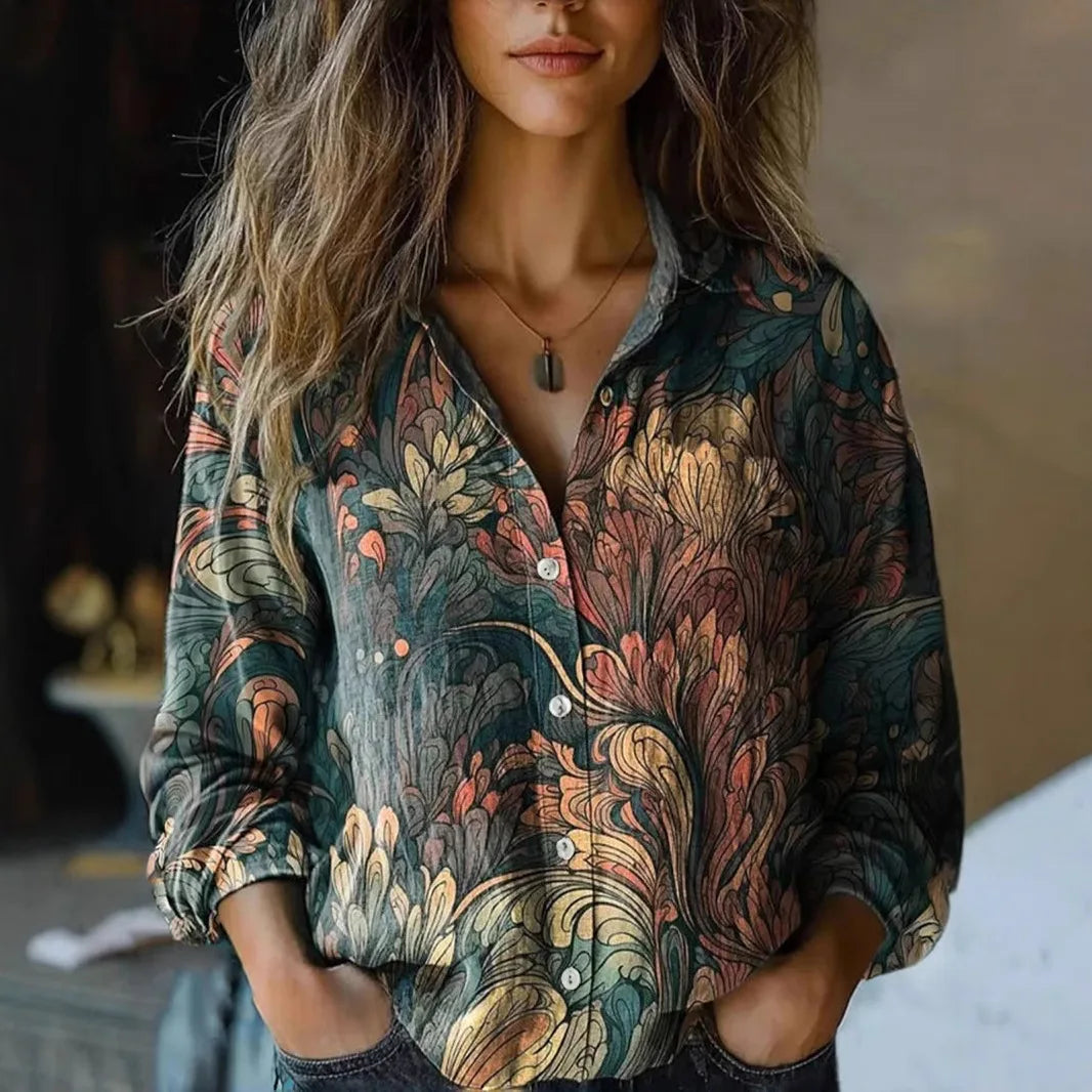 Effortless Floral Print Blouse for Women with Collar Long Sleeve Button Front Relaxed Boho Style