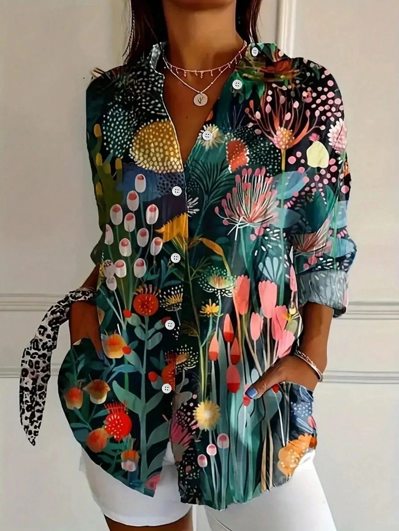 Effortless Watercolor Floral Blouse for Women with Collar Long Sleeve Button Front Relaxed Casual Style