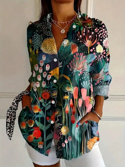 Effortless Floral Print Blouse for Women with V Neck Long Sleeve Button Front Relaxed Tunic Style