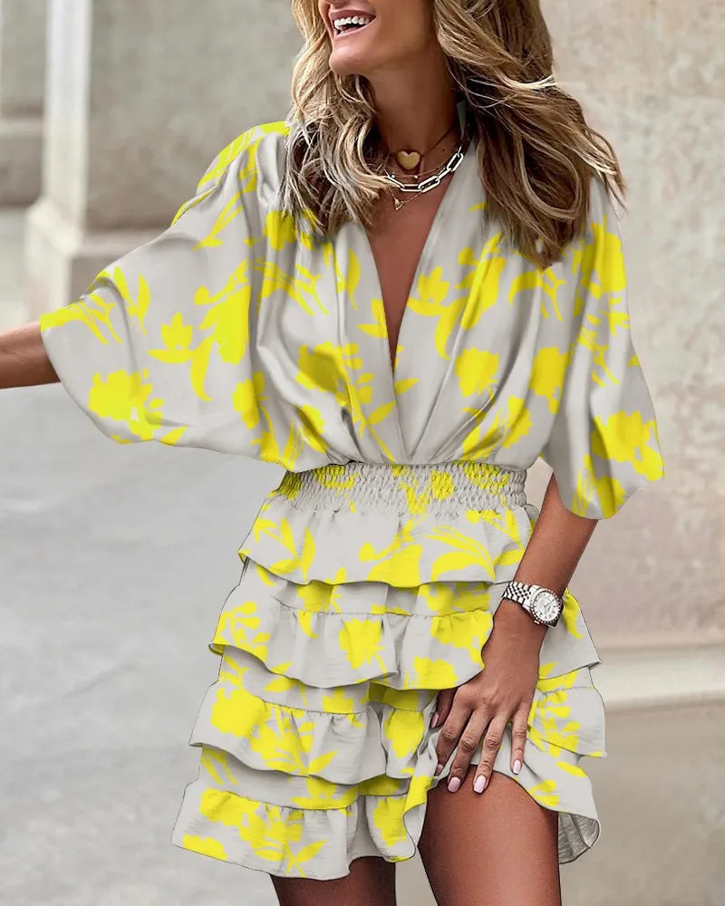 Effortless Floral Tiered Mini Dress for Women with V Neck Batwing Sleeve Smocked Waist Ruffle Style