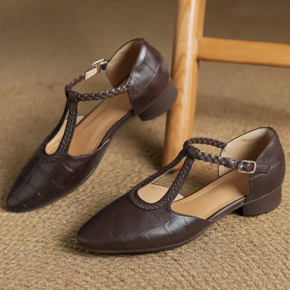 Elegant Croc Embossed T-Strap Flats for Women with Pointed Toe Braided Strap Buckle Closure Style
