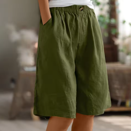 Effortless Olive Green Linen Shorts for Women with Elastic Waist Wide Leg Relaxed Casual Style