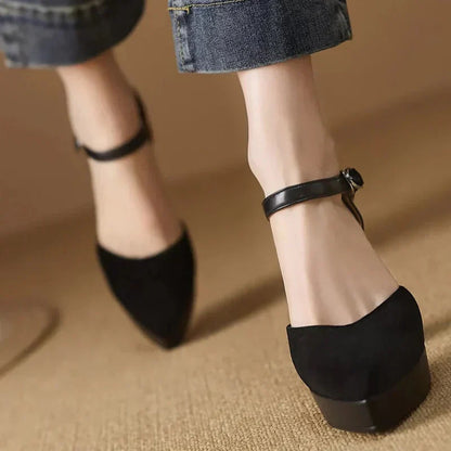 Stylish Suede Platform Pumps for Women with Mary Jane Ankle Strap Chunky Heel Style