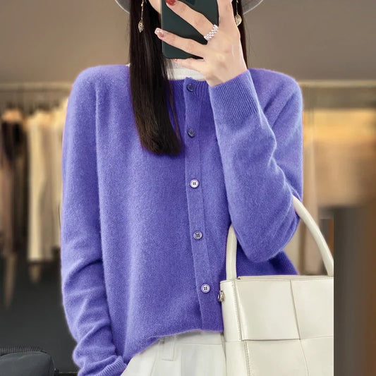 Comfortable Knit Cardigan Sweater for Women with Round Neck Long Sleeve Button Front Relaxed Style
