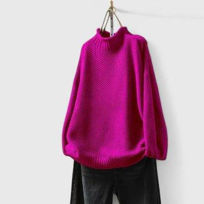 Comfortable Chunky Knit Sweater for Women with Mock Neck Long Sleeve Curved Hem Oversized Knit Style