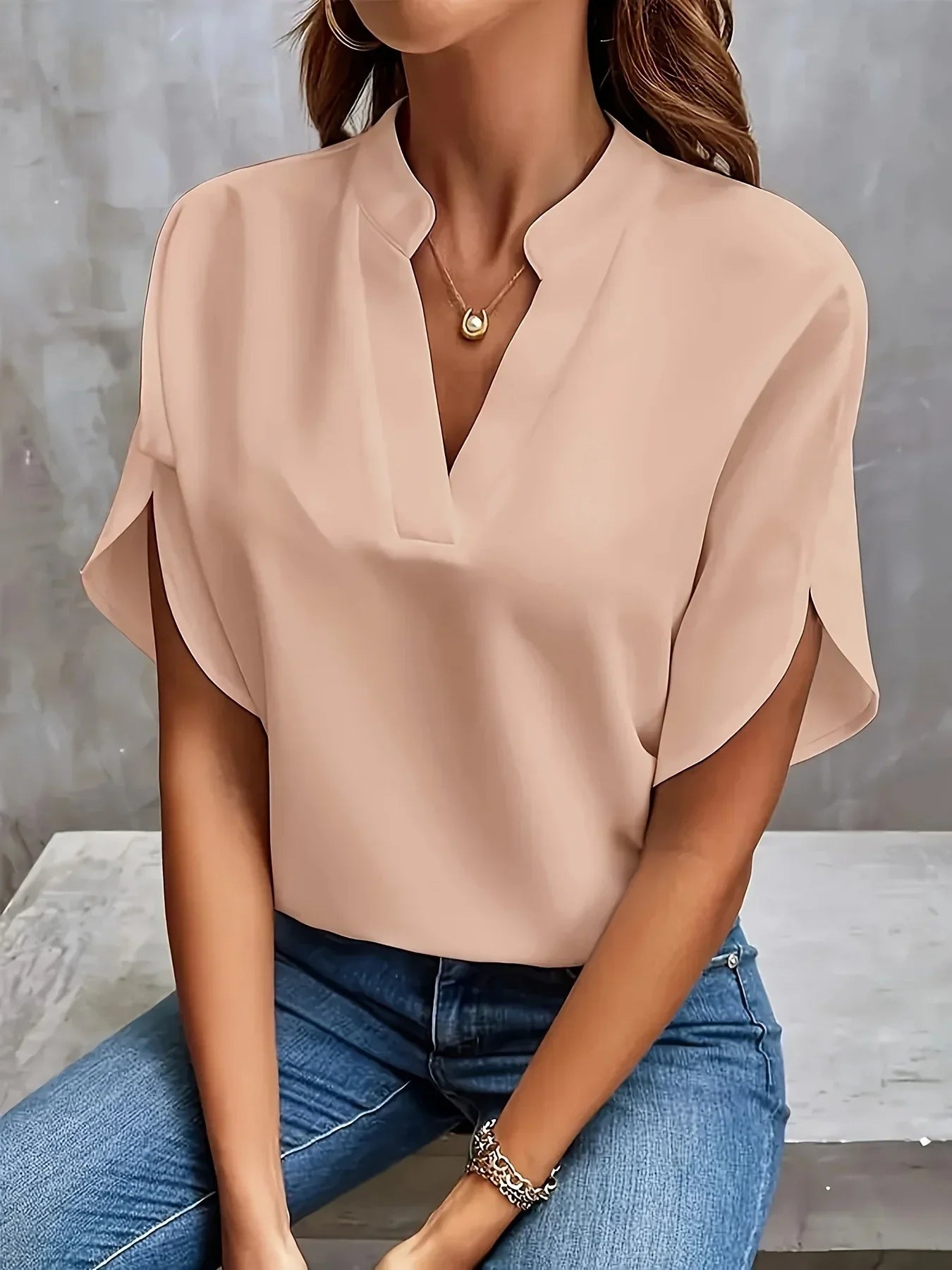 Effortless Chiffon Blouse for Women with Split Neck Flutter Sleeve Relaxed Flowing Style