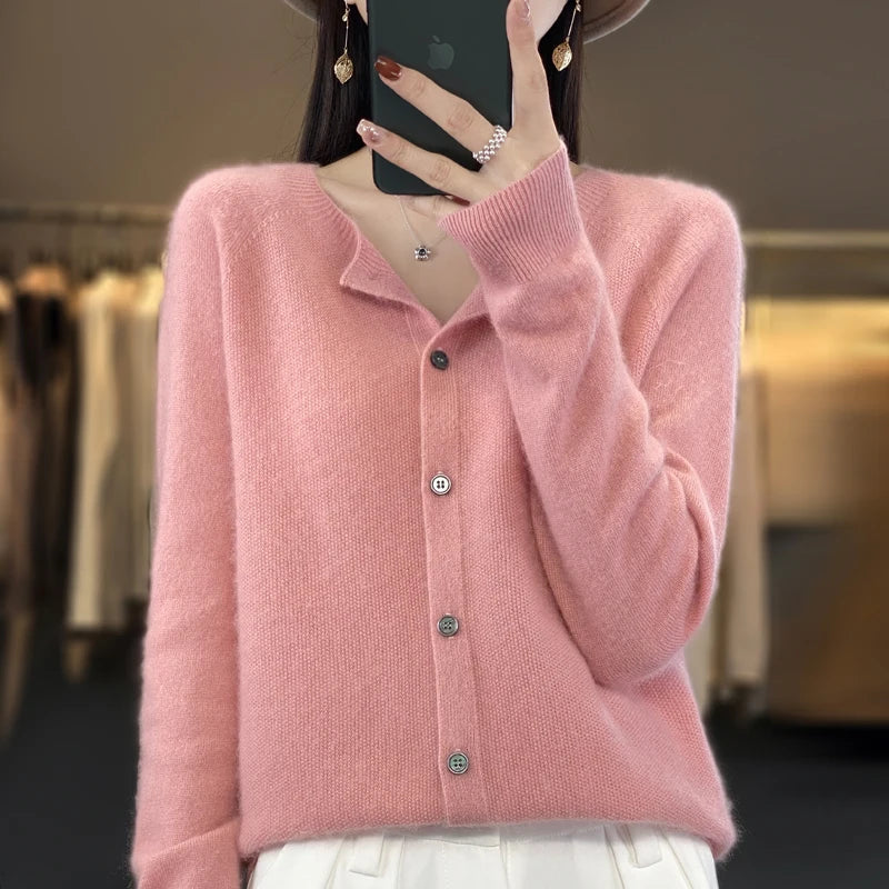 Comfortable Knit Cardigan Sweater for Women with Round Neck Long Sleeve Button Front Relaxed Style