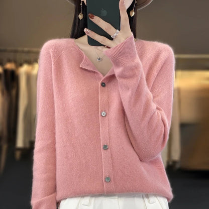 Comfortable Knit Cardigan Sweater for Women with Round Neck Long Sleeve Button Front Relaxed Style