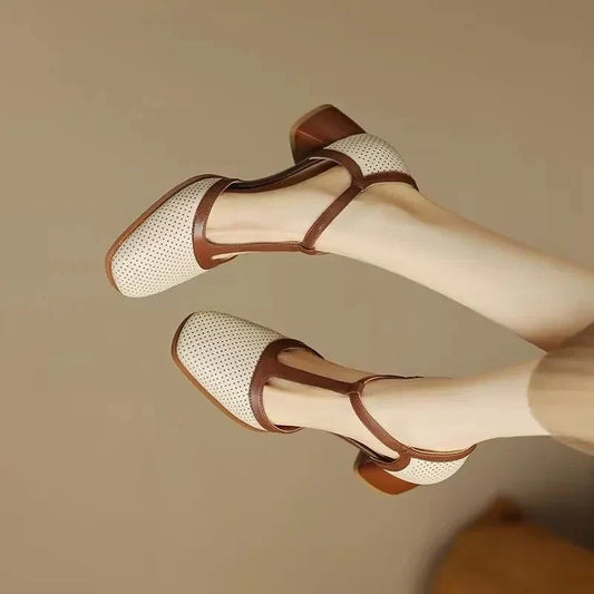 Elegant Perforated Leather T-Strap Sandal for Women with Square Toe Block Heel Buckle Mary Jane Style