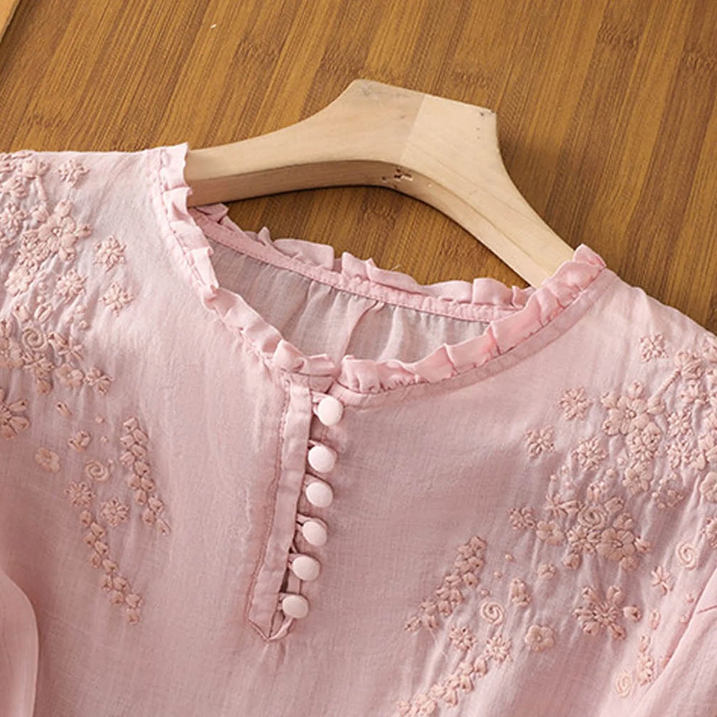 Effortless Embroidered Linen Blouse for Women with V Neck Elbow Sleeve Ruffled Collar Relaxed Boho Style