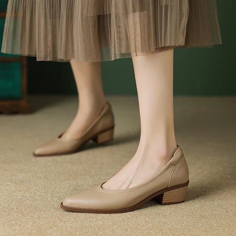 Elegant Leather Pointed Toe Pump for Women with V Cut Vamp Block Heel Slip On Casual Style