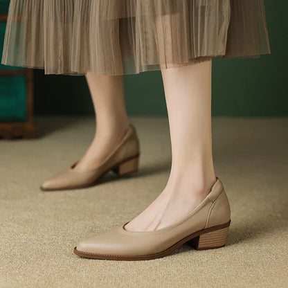 Elegant Leather Pointed Toe Pump for Women with V Cut Vamp Block Heel Slip On Casual Style
