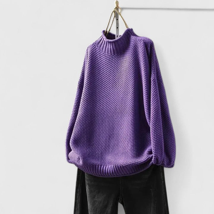 Comfortable Chunky Knit Sweater for Women with Mock Neck Long Sleeve Curved Hem Oversized Knit Style