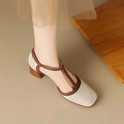 Elegant Perforated Leather T-Strap Sandal for Women with Square Toe Block Heel Buckle Mary Jane Style