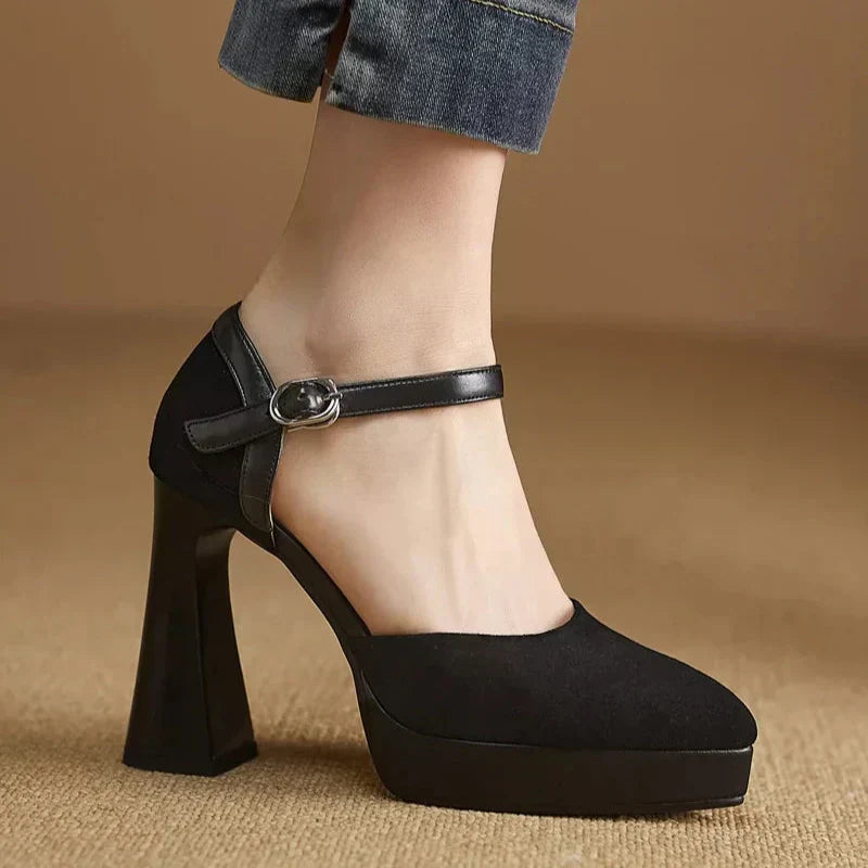 Stylish Suede Platform Pumps for Women with Mary Jane Ankle Strap Chunky Heel Style