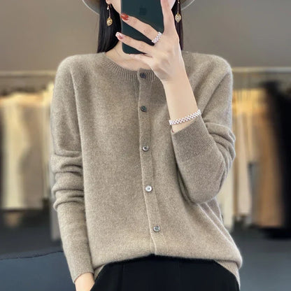 Comfortable Knit Cardigan Sweater for Women with Round Neck Long Sleeve Button Front Relaxed Style