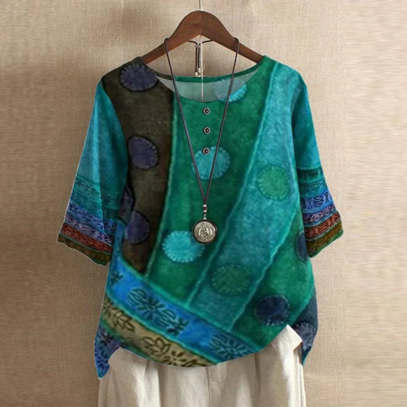 Effortless Patchwork Print Blouse for Women with Round Neck Elbow Sleeve Relaxed Boho Style