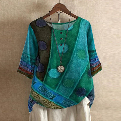 Effortless Patchwork Print Blouse for Women with Round Neck Elbow Sleeve Relaxed Boho Style
