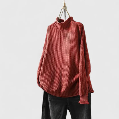 Comfortable Chunky Knit Sweater for Women with Mock Neck Long Sleeve Curved Hem Oversized Knit Style