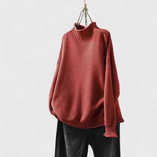 Comfortable Chunky Knit Sweater for Women with Mock Neck Long Sleeve Curved Hem Oversized Knit Style