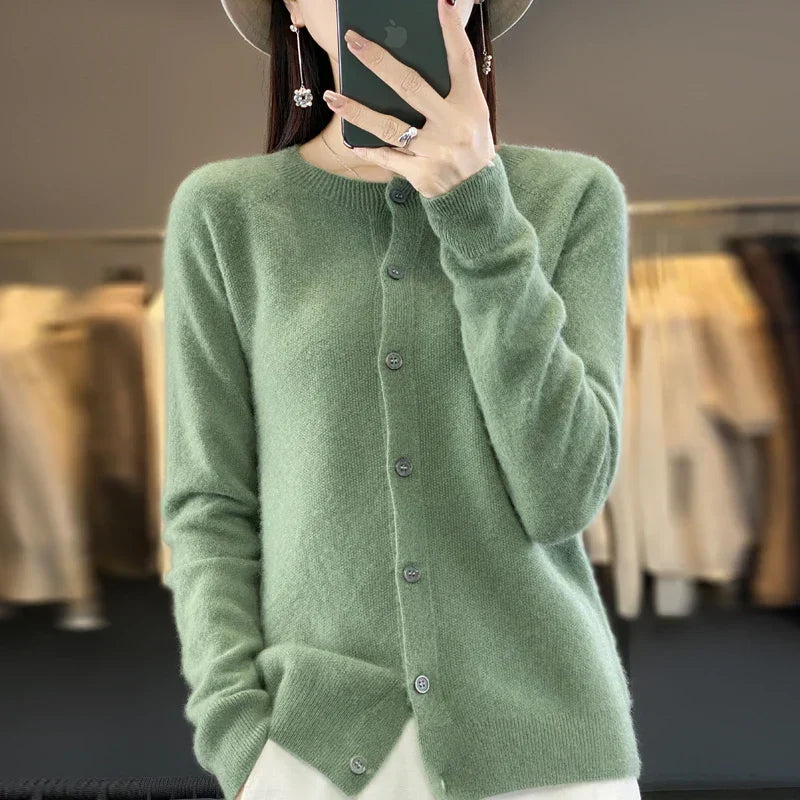 Comfortable Knit Cardigan Sweater for Women with Round Neck Long Sleeve Button Front Relaxed Style