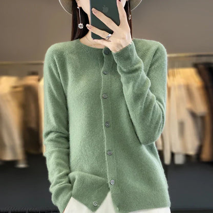 Comfortable Knit Cardigan Sweater for Women with Round Neck Long Sleeve Button Front Relaxed Style