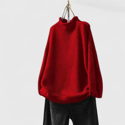 Comfortable Chunky Knit Sweater for Women with Mock Neck Long Sleeve Curved Hem Oversized Knit Style