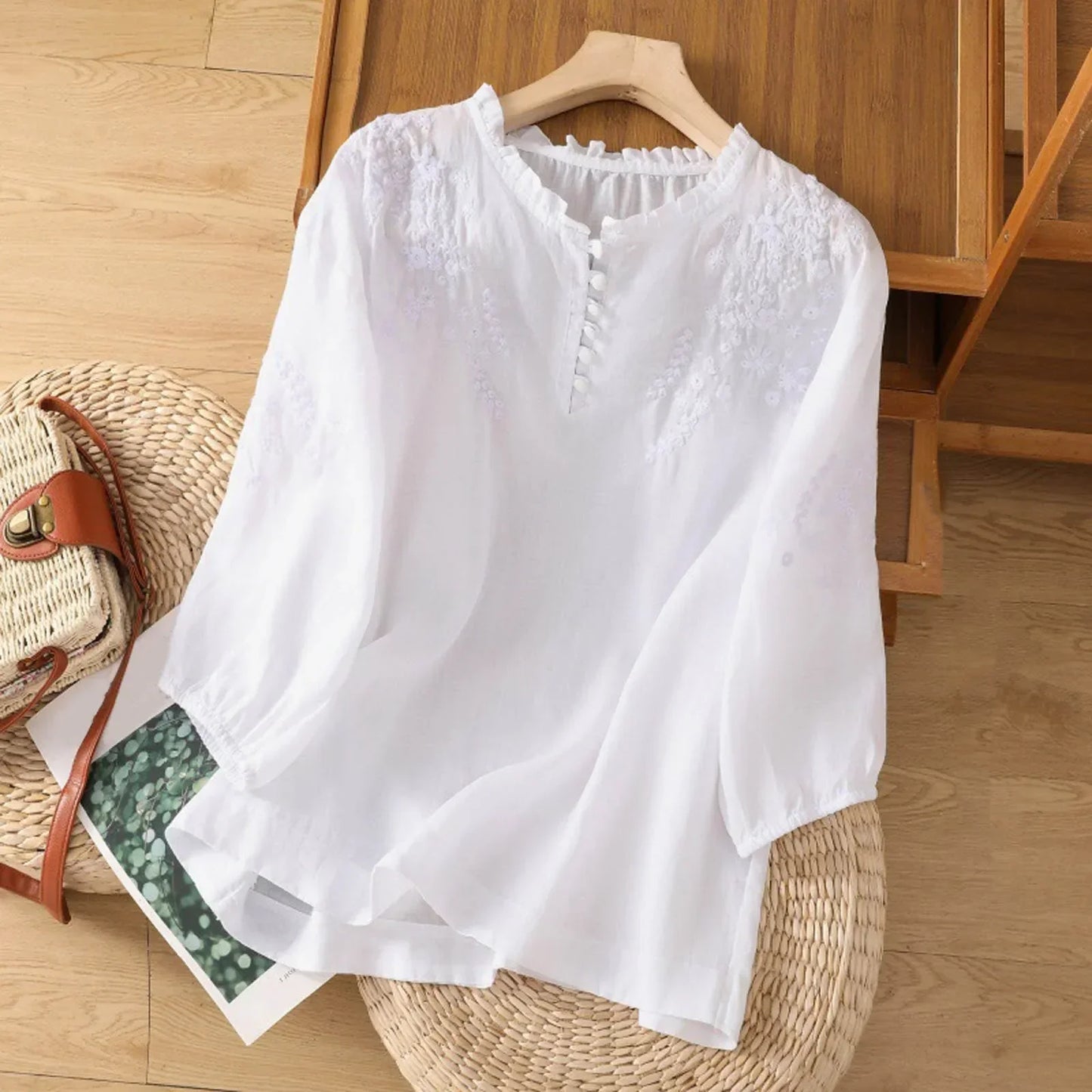 Effortless Embroidered Linen Blouse for Women with V Neck Elbow Sleeve Ruffled Collar Relaxed Boho Style