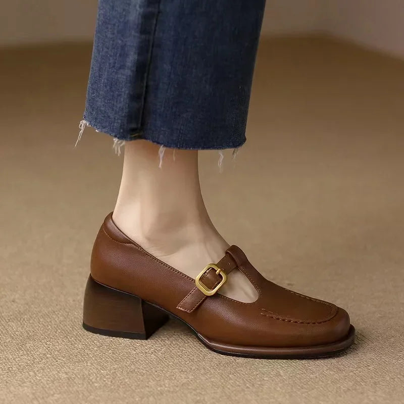 Elegant Leather Mary Jane Loafer for Women with Square Toe T Strap Buckle Block Heel Vintage Style
