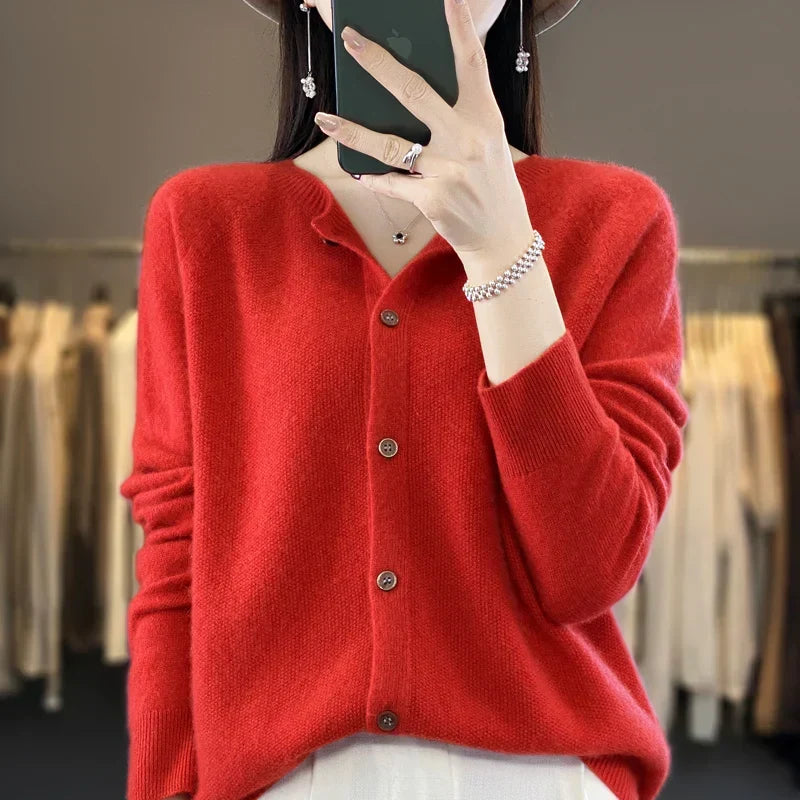 Comfortable Knit Cardigan Sweater for Women with Round Neck Long Sleeve Button Front Relaxed Style