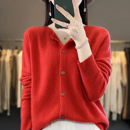 Comfortable Knit Cardigan Sweater for Women with Round Neck Long Sleeve Button Front Relaxed Style