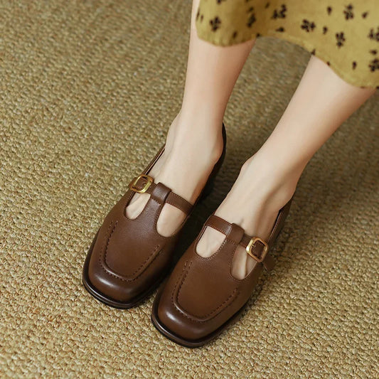 Elegant Leather Mary Jane Loafer for Women with Square Toe T Strap Buckle Block Heel Vintage Style