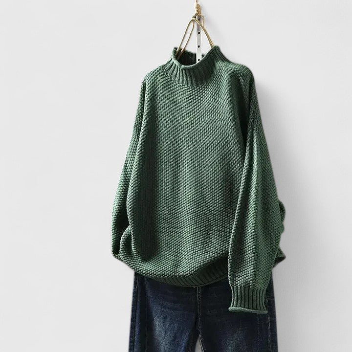 Comfortable Chunky Knit Sweater for Women with Mock Neck Long Sleeve Curved Hem Oversized Knit Style