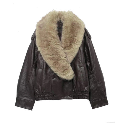 Elegant Faux Fur Collar Leather Jacket for Women with Long Sleeve Oversized Snap Button Bomber Style