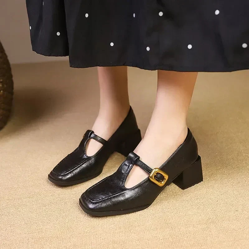 Elegant Leather Mary Jane Pumps for Women with Square Toe T Strap Buckle Block Heel Vintage Style