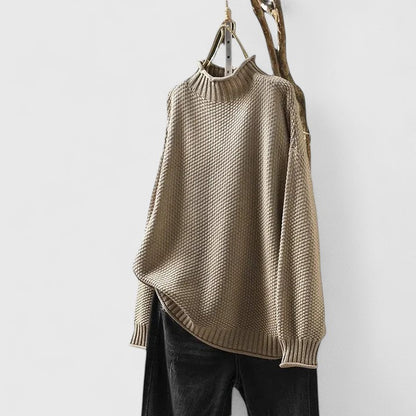 Comfortable Chunky Knit Sweater for Women with Mock Neck Long Sleeve Curved Hem Oversized Knit Style