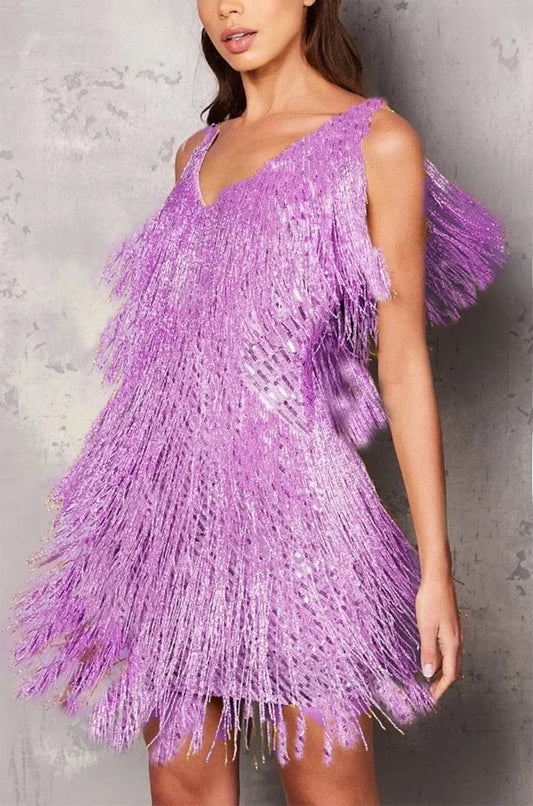 Elegant Fringe Sequin Mini Dress for Women with V Neck Sleeveless Tiered Flapper Party Style