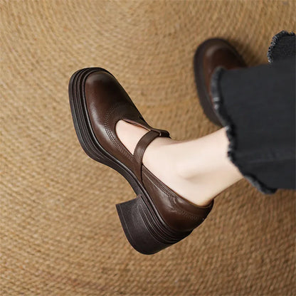 Elegant Leather Mary Jane Platform Heels for Women with T Strap Buckle Round Toe Chunky Heel Style