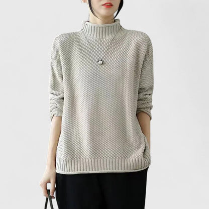 Comfortable Chunky Knit Sweater for Women with Mock Neck Long Sleeve Curved Hem Oversized Knit Style