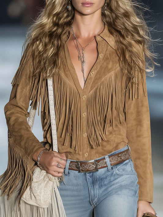 Effortless Light Brown Suede Fringe Blouse for Women with Collar Long Sleeve Button Front Western Bohemian Style