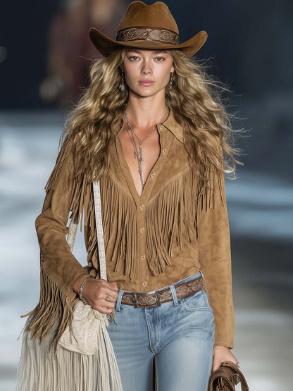 Effortless Light Brown Suede Fringe Blouse for Women with Collar Long Sleeve Button Front Western Bohemian Style