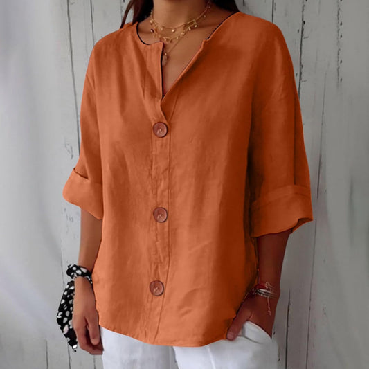 Effortless Linen Blouse for Women with V Neck Elbow Sleeve Button Front Relaxed Style