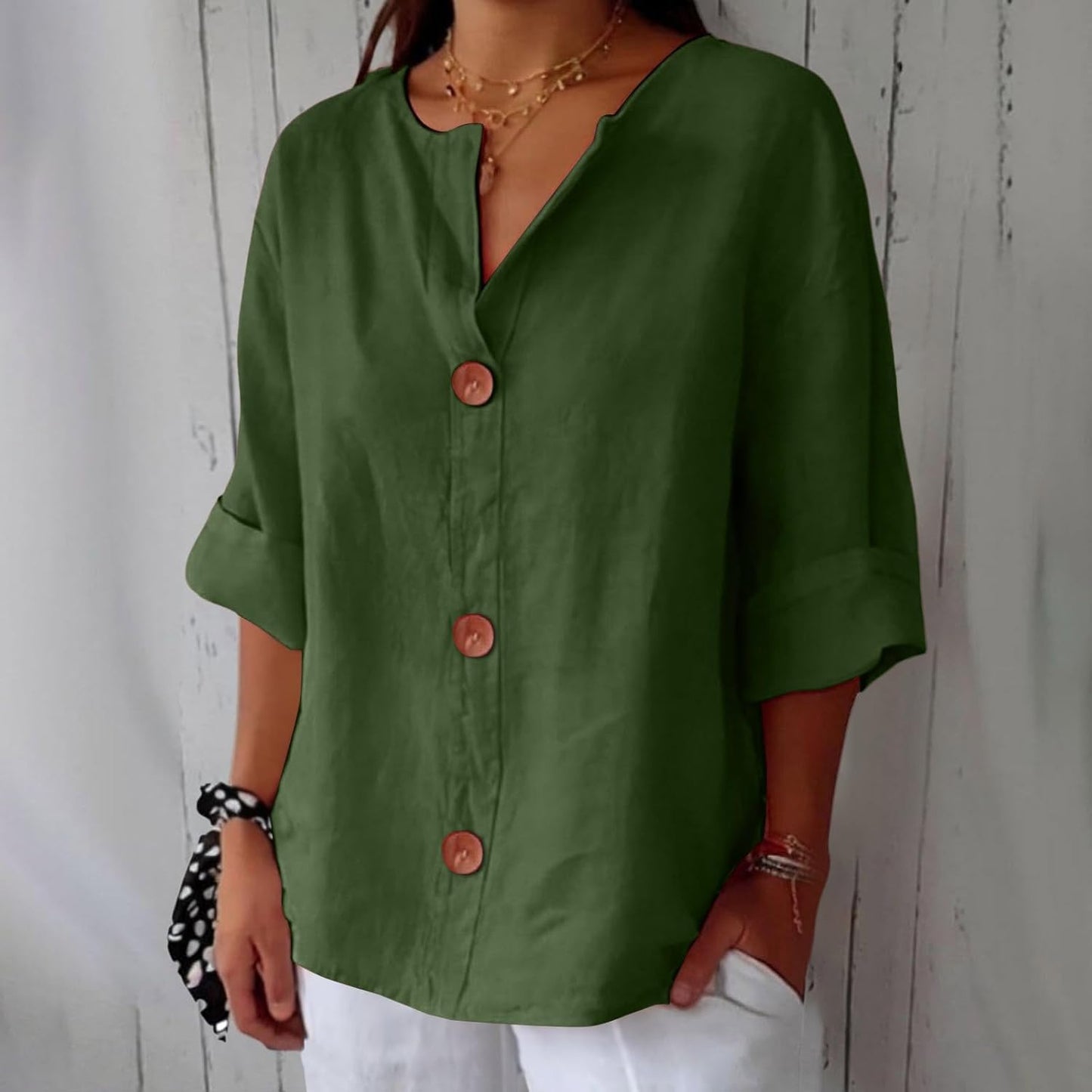 Effortless Linen Blouse for Women with V Neck Elbow Sleeve Button Front Relaxed Style
