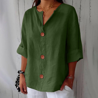 Effortless Linen Blouse for Women with V Neck Elbow Sleeve Button Front Relaxed Style