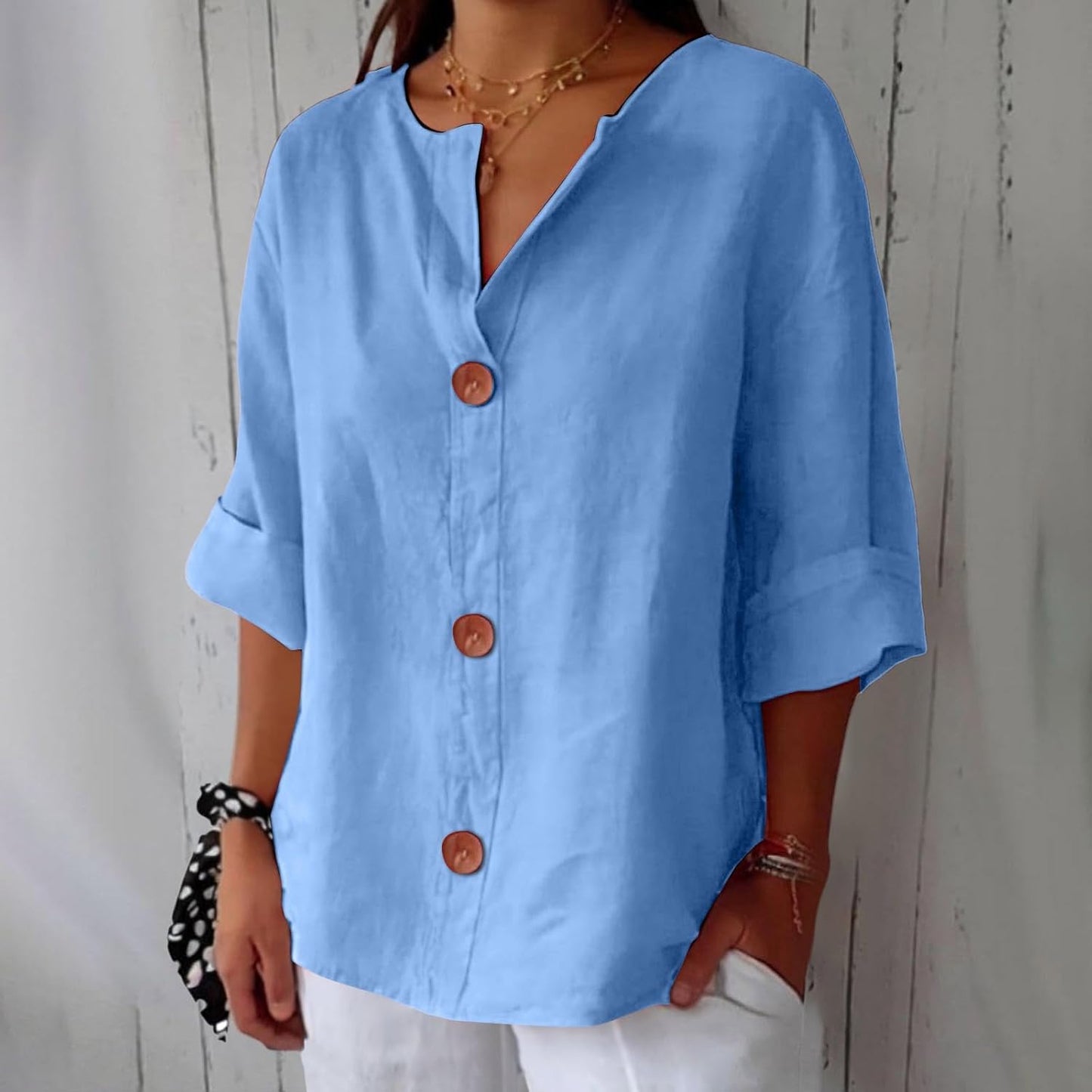 Effortless Linen Blouse for Women with V Neck Elbow Sleeve Button Front Relaxed Style