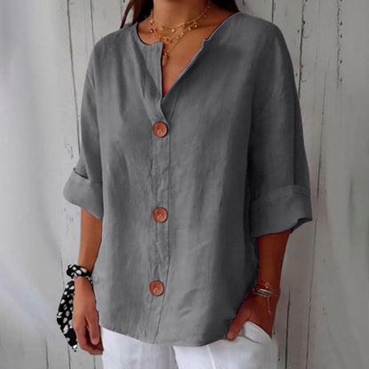 Effortless Linen Blouse for Women with V Neck Elbow Sleeve Button Front Relaxed Style