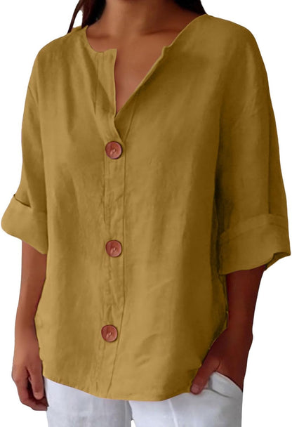 Effortless Linen Blouse for Women with V Neck Elbow Sleeve Button Front Relaxed Style