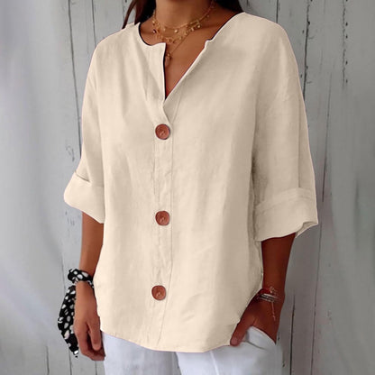Effortless Linen Blouse for Women with V Neck Elbow Sleeve Button Front Relaxed Style