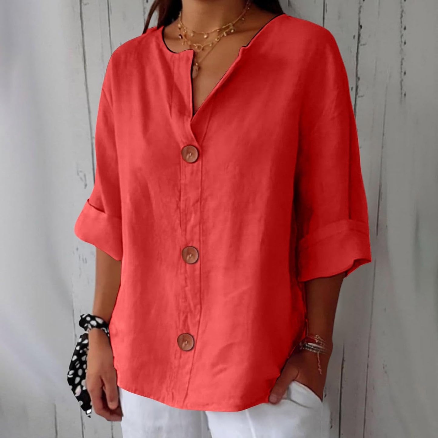 Effortless Linen Blouse for Women with V Neck Elbow Sleeve Button Front Relaxed Style
