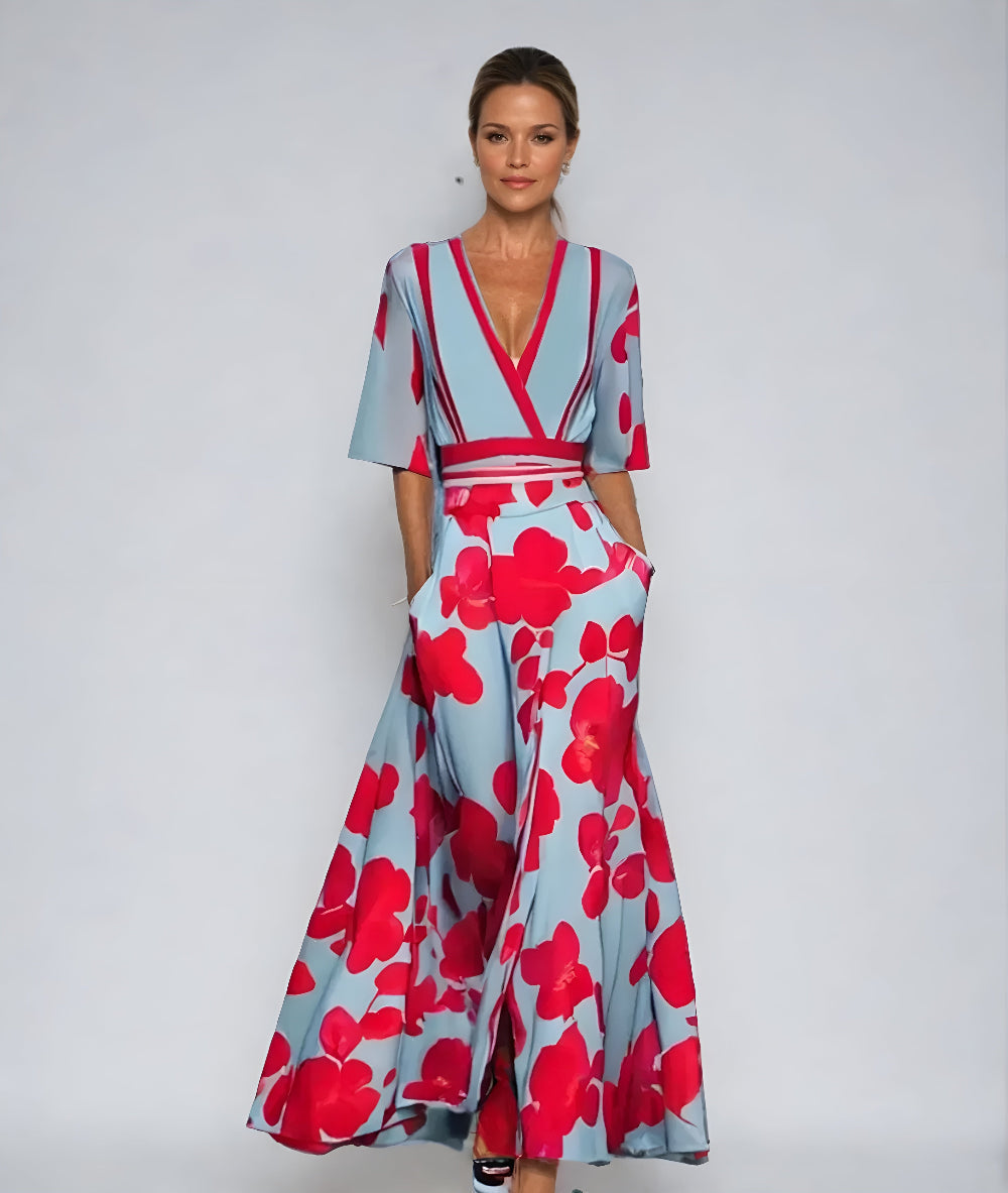 Elegant Blue Floral Maxi Dress for Women with V Neck Elbow Sleeve Wrap Belted Flowing Style